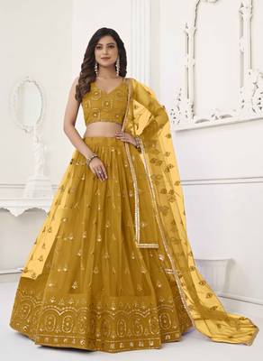 MUSTARD YELLOW NET FABRIC LEHENGA CHOLI WITH SEQUINS AND THREAD EMBROIDERY WORK 1