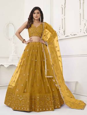 MUSTARD YELLOW NET FABRIC LEHENGA CHOLI WITH SEQUINS AND THREAD EMBROIDERY WORK 2