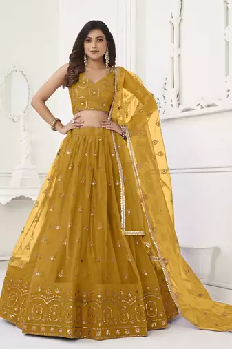 MUSTARD YELLOW NET FABRIC LEHENGA CHOLI WITH SEQUINS AND THREAD EMBROIDERY WORK