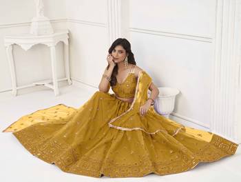 MUSTARD YELLOW NET FABRIC LEHENGA CHOLI WITH SEQUINS AND THREAD EMBROIDERY WORK 3