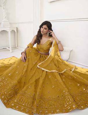 MUSTARD YELLOW NET FABRIC LEHENGA CHOLI WITH SEQUINS AND THREAD EMBROIDERY WORK 4