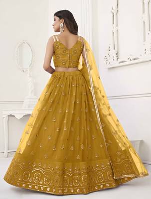 MUSTARD YELLOW NET FABRIC LEHENGA CHOLI WITH SEQUINS AND THREAD EMBROIDERY WORK 5