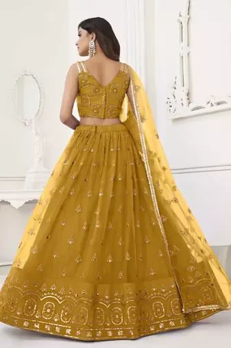 MUSTARD YELLOW NET FABRIC LEHENGA CHOLI WITH SEQUINS AND THREAD EMBROIDERY WORK