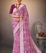 Purple Digital Print Zari Resham Embroidered Organza Silk Party Wear Saree With Blouse Piece