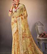 Beige Digital Print Zari Resham Embroidered Organza Silk Party Wear Saree With Blouse Piece