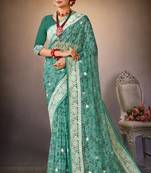 Green Digital Print Zari Resham Embroidered Organza Silk Party Wear Saree With Blouse Piece