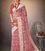 Pink Digital Print Zari Resham Embroidered Organza Silk Party Wear Saree With Blouse Piece