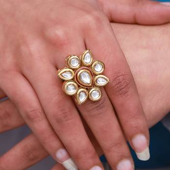 Maroon & green color meena work kundan ring for women 1