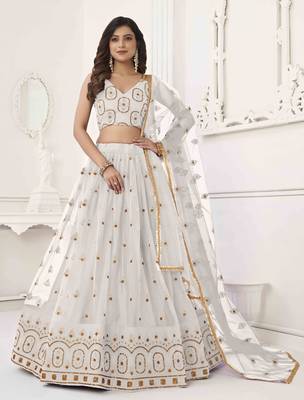 OFF WHITE NET FABRIC LEHENGA CHOLI WITH SEQUINS AND THREAD EMBROIDERY WORK 1