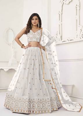 OFF WHITE NET FABRIC LEHENGA CHOLI WITH SEQUINS AND THREAD EMBROIDERY WORK 2