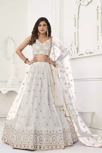 OFF WHITE NET FABRIC LEHENGA CHOLI WITH SEQUINS AND THREAD EMBROIDERY WORK