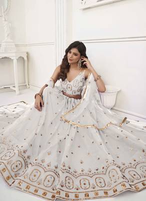 OFF WHITE NET FABRIC LEHENGA CHOLI WITH SEQUINS AND THREAD EMBROIDERY WORK 4