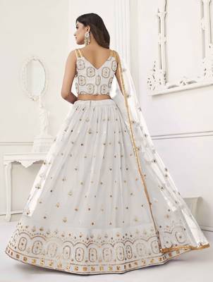 OFF WHITE NET FABRIC LEHENGA CHOLI WITH SEQUINS AND THREAD EMBROIDERY WORK 5