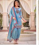 Light blue floral print silk ceremonial full stitch afghani suits