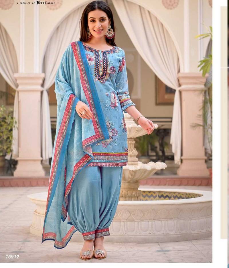 Light blue floral print silk ceremonial full stitch afghani suits