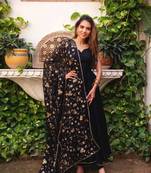 Black designer georgette anarkali kurta with heavy dupatta set