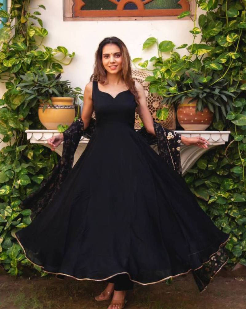 Black designer georgette anarkali kurta with heavy dupatta set