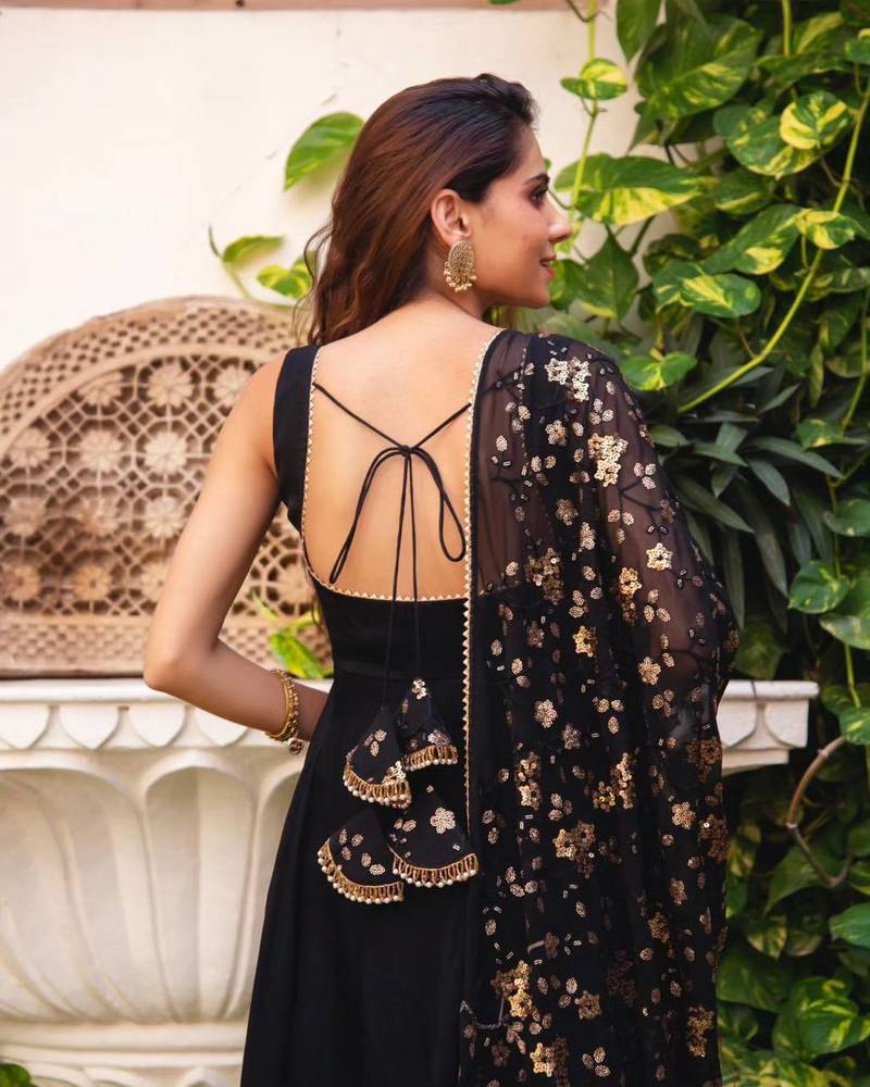 Black designer georgette anarkali kurta with heavy dupatta set