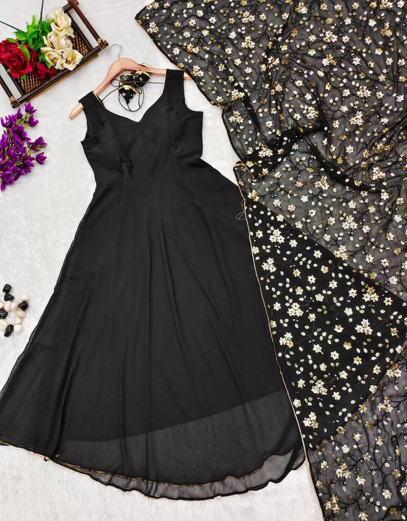 Black designer georgette anarkali kurta with heavy dupatta set