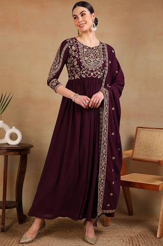 Ahika women maroon poly georgette embroidered anarkali kurta with dupatta