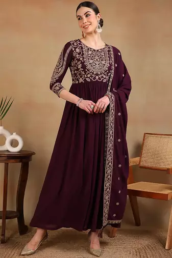 Ahika women maroon poly georgette embroidered anarkali kurta with dupatta
