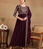 Ahika women maroon poly georgette embroidered anarkali kurta with dupatta