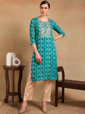 women turquoise blue viscose rayon ethnic motifs printed straight kurta 1