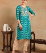 women turquoise blue viscose rayon ethnic motifs printed straight kurta