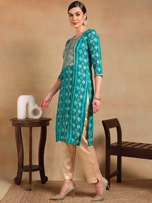 women turquoise blue viscose rayon ethnic motifs printed straight kurta 2