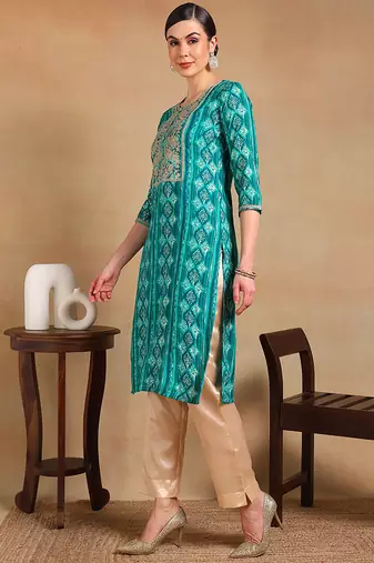 women turquoise blue viscose rayon ethnic motifs printed straight kurta