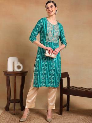 women turquoise blue viscose rayon ethnic motifs printed straight kurta 3