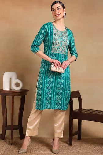 women turquoise blue viscose rayon ethnic motifs printed straight kurta
