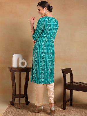 women turquoise blue viscose rayon ethnic motifs printed straight kurta 4