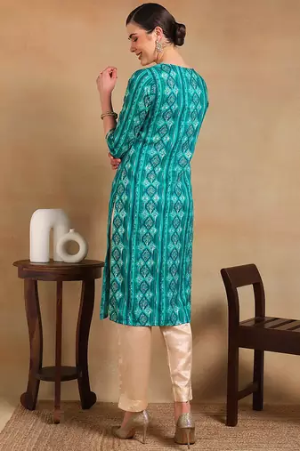 women turquoise blue viscose rayon ethnic motifs printed straight kurta
