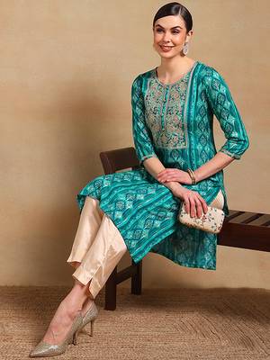 women turquoise blue viscose rayon ethnic motifs printed straight kurta 5