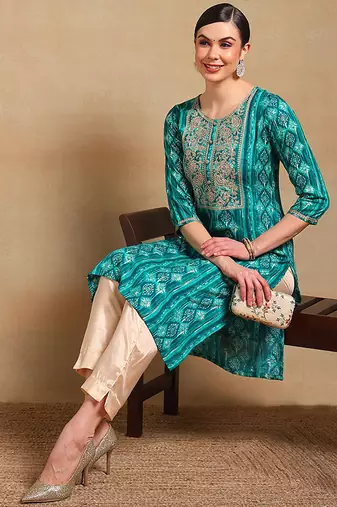 women turquoise blue viscose rayon ethnic motifs printed straight kurta