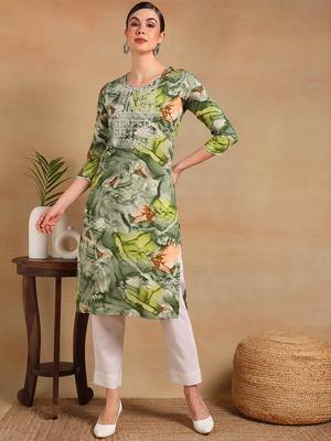 women green cotton blend abstract printed straight kurta 1