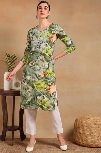 women green cotton blend abstract printed straight kurta