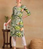 women green cotton blend abstract printed straight kurta