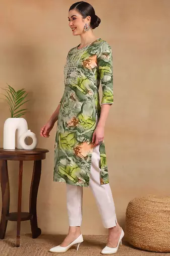 women green cotton blend abstract printed straight kurta