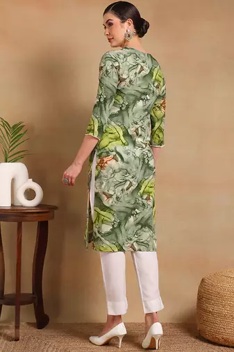 women green cotton blend abstract printed straight kurta