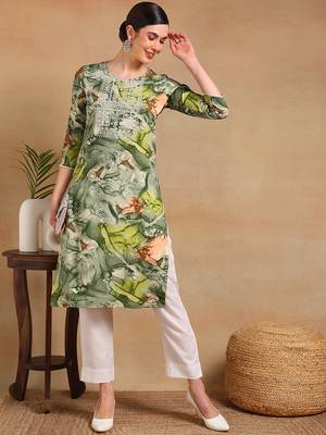 women green cotton blend abstract printed straight kurta 5