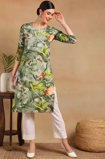 women green cotton blend abstract printed straight kurta