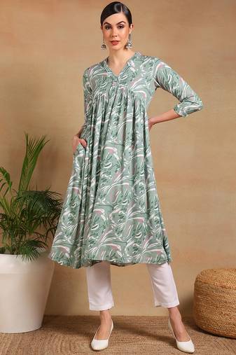 women green viscose rayon floral printed a-line kurta