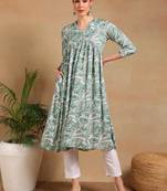 women green viscose rayon floral printed a-line kurta