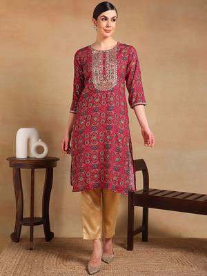 women pink viscose rayon ethnic motifs printed straight kurta 1