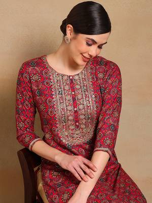 women pink viscose rayon ethnic motifs printed straight kurta 2