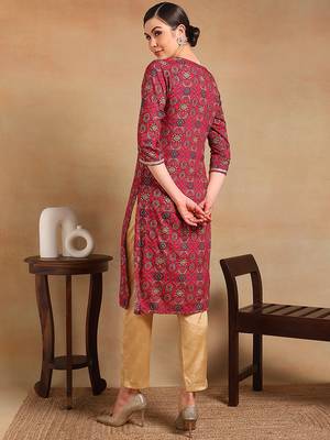 women pink viscose rayon ethnic motifs printed straight kurta 4
