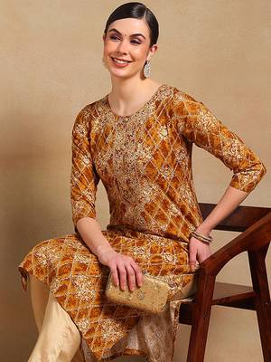 women orange viscose rayon ethnic motifs printed straight kurta 1
