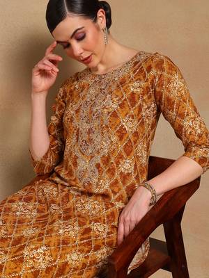 women orange viscose rayon ethnic motifs printed straight kurta 2